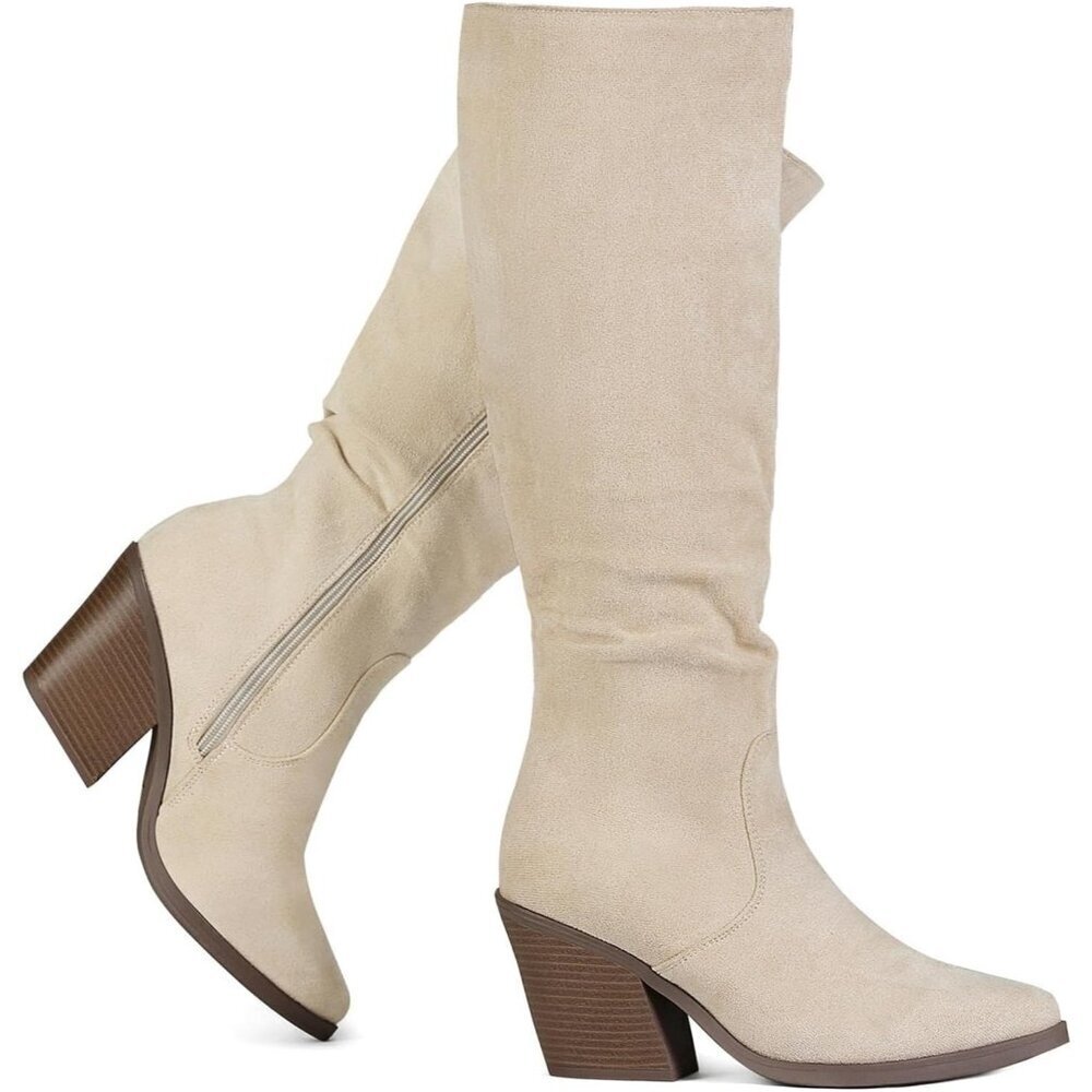 Women Knee High Faux Beige Suede Boot Stacked Chunky Heel Side Zipper Tall Boots